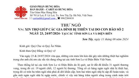 Ban Bác ái Xã hội - Caritas Hưng Hóa: Thư ngỏ - Xin trợ giúp các gia đình bị thiên tai do cơn bão số 2 tại các tỉnh Sơn La và Điện Biên